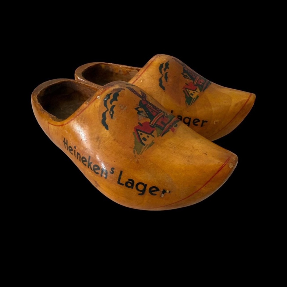 PAIR OF VINTAGE HEINEKEN LAGER WOODEN CLOGS FROM HOLLAND w/ WINDMILL DECOR